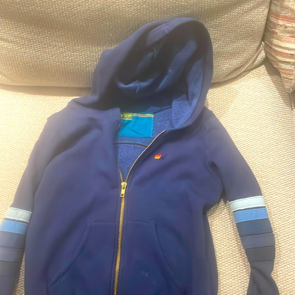 Aviator Nation Kids size 12 Blue Zip hoodie with Smile face on Back - rare